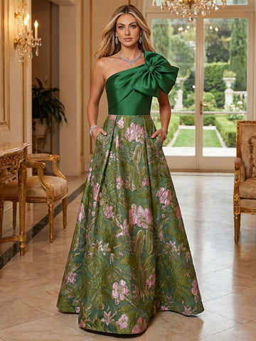Vedress green pink floral jacquard one shoulder bow A-line floor length wedding guest dress front view