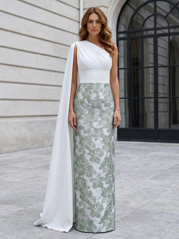 Vedress white chiffon one shoulder cape sleeve column maxi wedding guest dress front view with green floral jacquard skirt