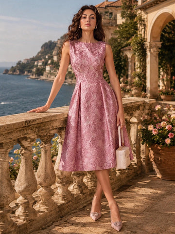 Vedress dusty rose floral jacquard round neck sleeveless A-line midi mother of bride dress front view with 3D rose pattern