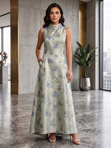 Vedress sage green blue floral jacquard stand collar sleeveless A-line floor length wedding guest dress front view