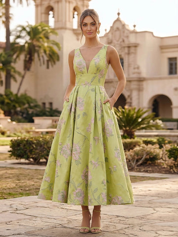 Vedress chartreuse floral jacquard v neck sleeveless A-line midi wedding guest dress front view with side pockets