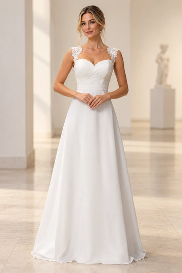 Front view of lace A-line wedding dress with sweetheart neckline and cap sleeves