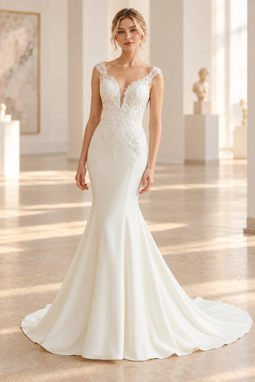 Vedress mermaid wedding dress with a plunging sweetheart neckline, floral lace bodice, sheer side panels and a smooth flared skirt.