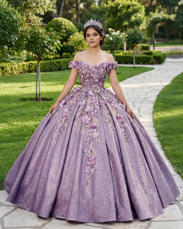 Vedress lavender off shoulder quinceañera ball gown with 3D floral appliqués glitter fabric front view