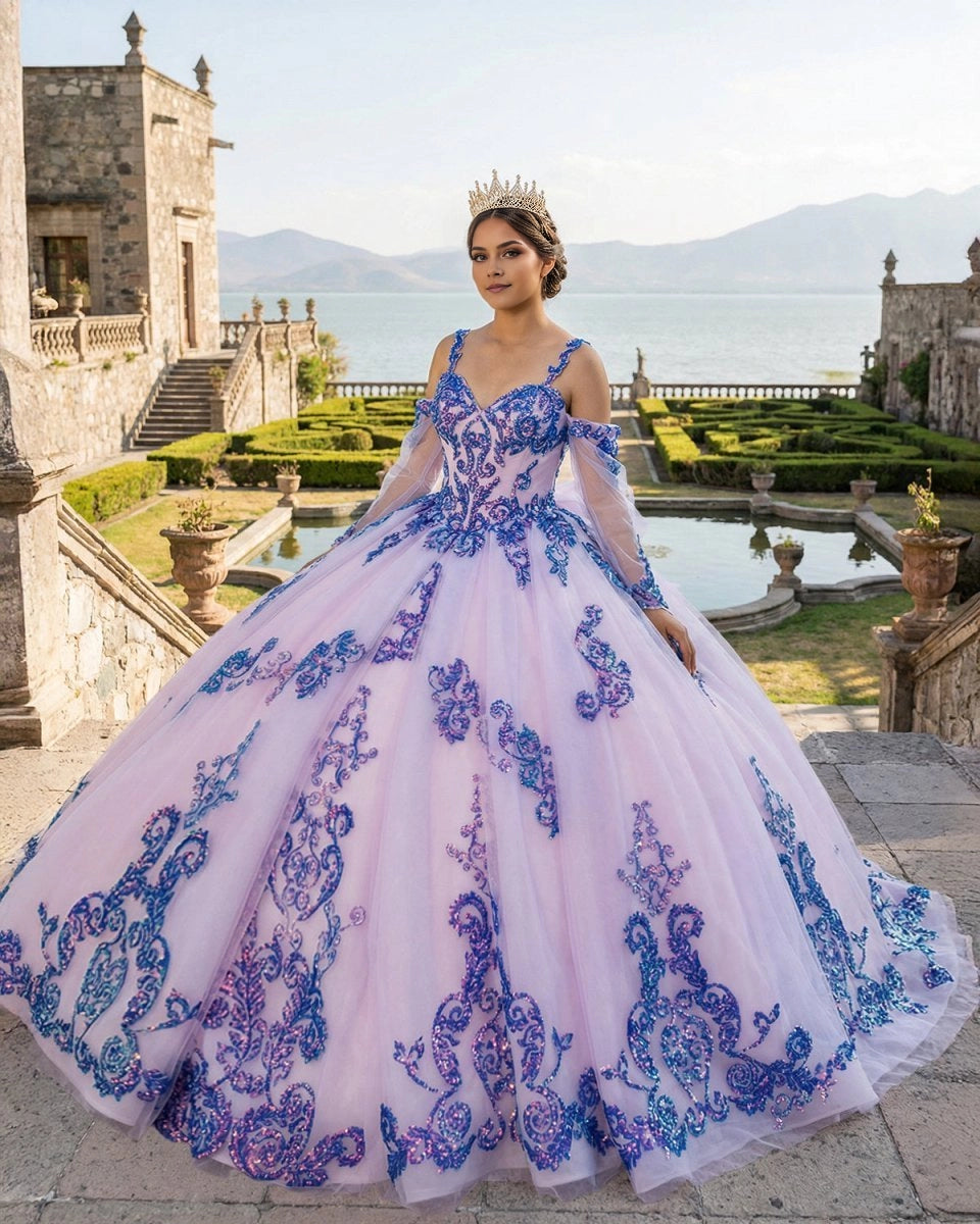 Vedress lavender off shoulder quinceañera ball gown with blue purple sequin appliqués front view