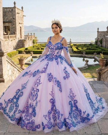 Vedress lavender off shoulder quinceañera ball gown with blue purple sequin appliqués front view