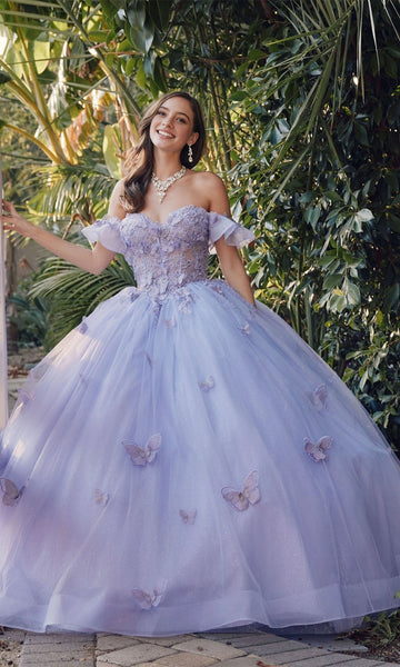 Vedress dreamy lavender off‑the‑shoulder quinceanera ball gown sweetheart sheer corset 3D butterfly applique glitter tulle prom dress front view