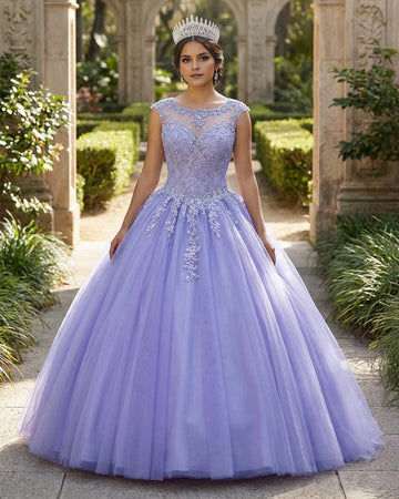 Vedress lavender quinceañera dress, illusion neckline cap sleeve ball gown with lace appliques