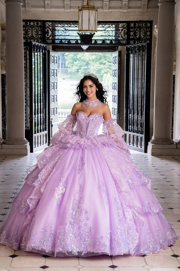 Front view Vedress lavender quinceañera dress off shoulder sweetheart ball gown with iridescent sequin appliques and detachable lace puff sleeves