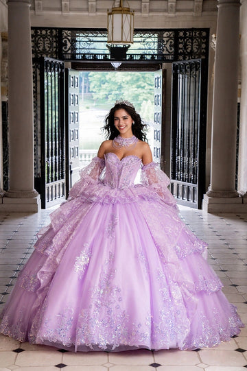 Front view Vedress lavender quinceañera dress off shoulder sweetheart ball gown with iridescent sequin appliques and detachable lace puff sleeves