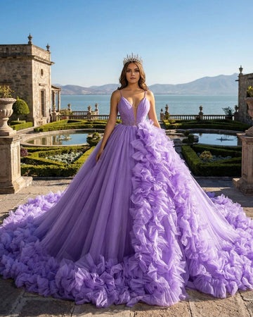 Vedress lavender quinceañera dress, spaghetti strap deep V ball gown with huge ruffle tulle details and long dramatic train