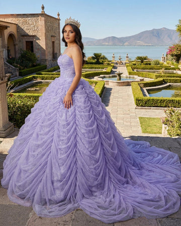 Vedress lavender strapless quinceañera dress front view ruched glitter tulle ball gown with long train