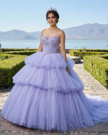 Vedress lavender quinceañera dress, strapless sweetheart ball gown with embroidered bodice and tiered glitter tulle skirt