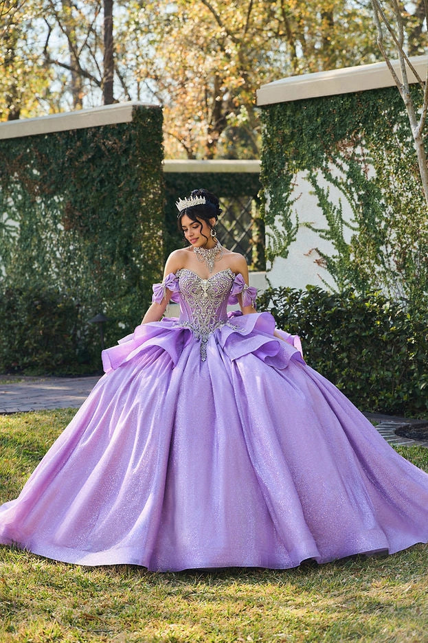 Vedress lavender ball gown quinceañera dress sweetheart off shoulder neckline crystal beading bow sleeve glitter ruffle skirt front view