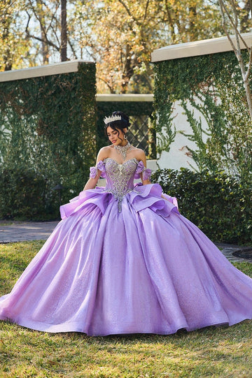 Vedress lavender ball gown quinceañera dress sweetheart off shoulder neckline crystal beading bow sleeve glitter ruffle skirt front view