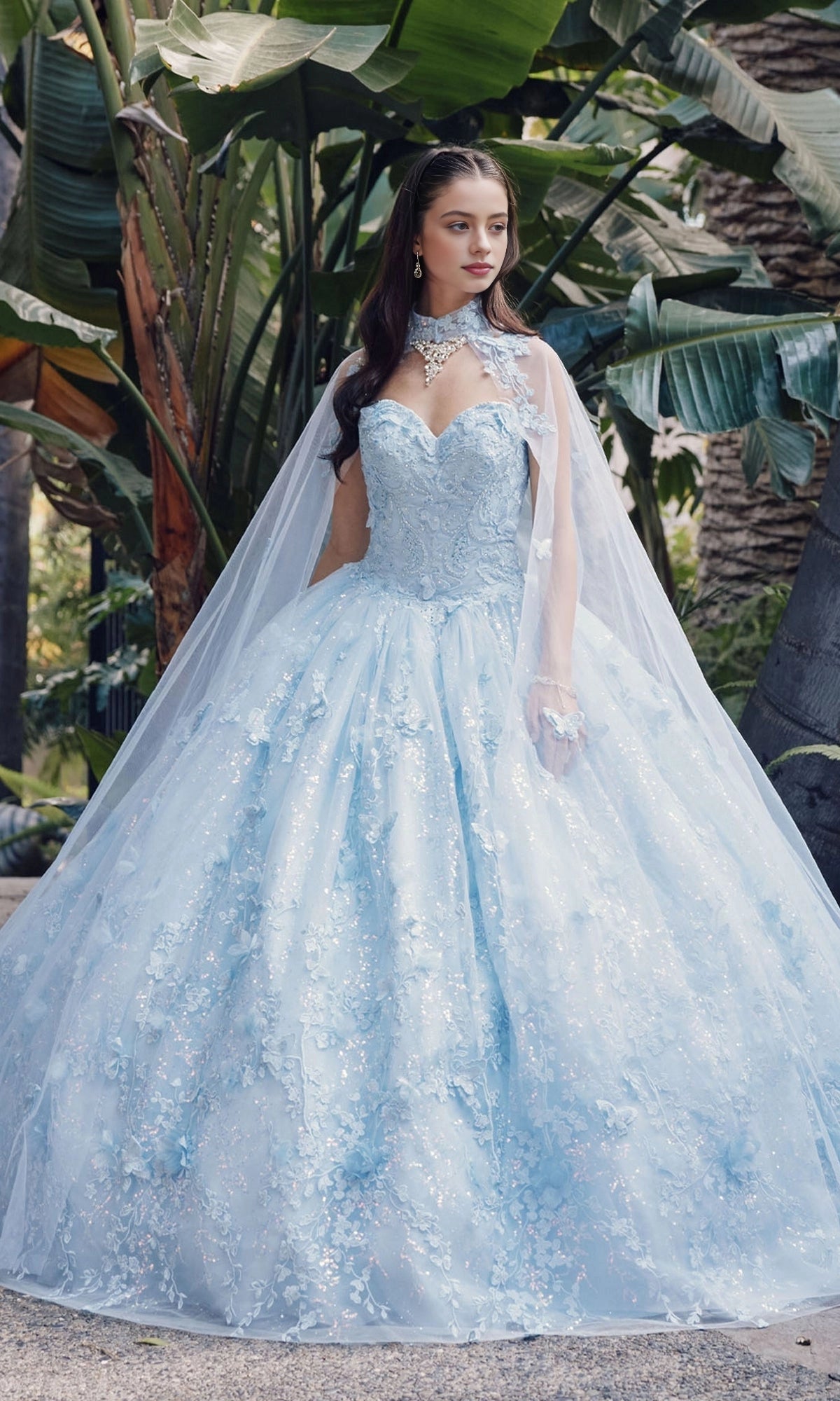 Vedress ethereal light blue strapless sweetheart ball gown quinceanera prom dress front view with 3D floral appliques glitter tulle