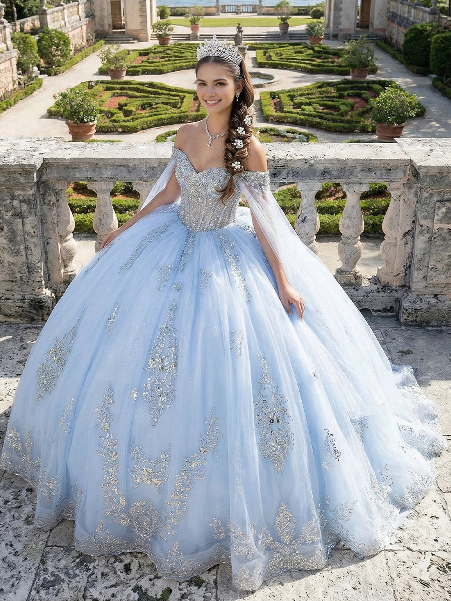 Vedress light blue quinceanera ball gown sweetheart off the shoulder sheer cape sleeves silver beaded embroidery tulle ball skirt front view