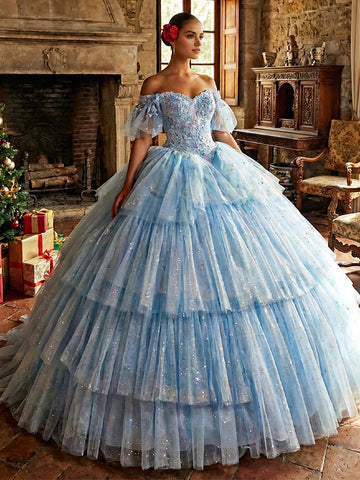 Vedress dreamy light blue off-shoulder quinceanera ball gown puff sleeves 3D floral lace glitter cake tulle prom dress front view