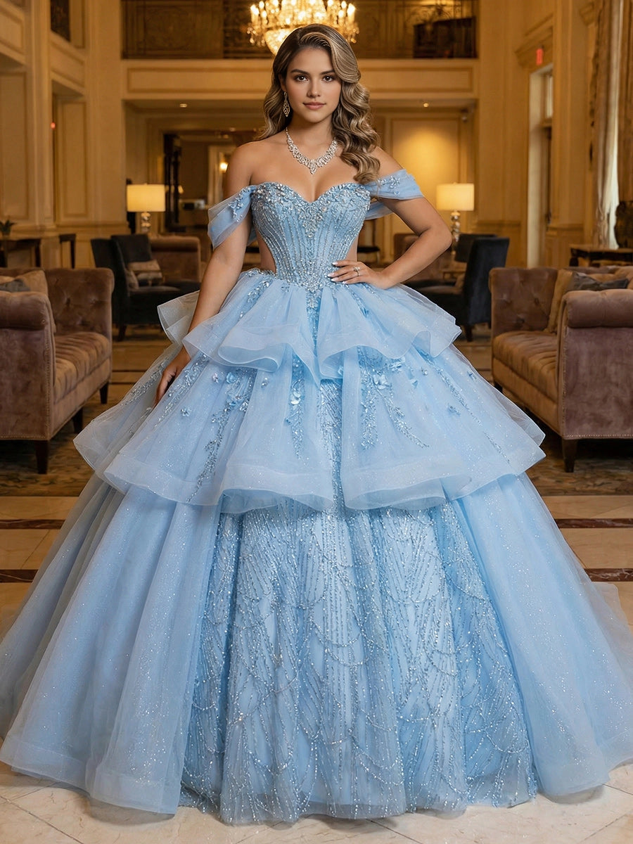 Vedress stunning light blue off-shoulder quinceanera ball gown ruffle layers beaded corset side cutout 3D floral glitter tulle prom dress front view