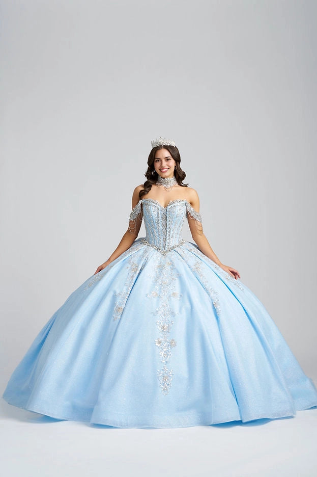 Front view Vedress light blue Cinderella quinceañera dress off shoulder ball gown with silver gold lace appliques