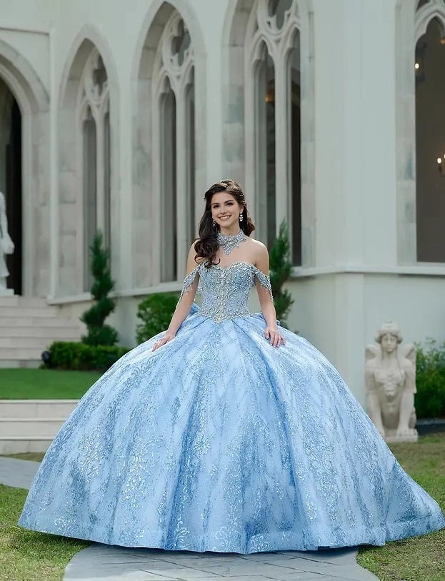 Front view Vedress light blue sparkle quinceañera dress off shoulder sweetheart ball gown with beaded bodice