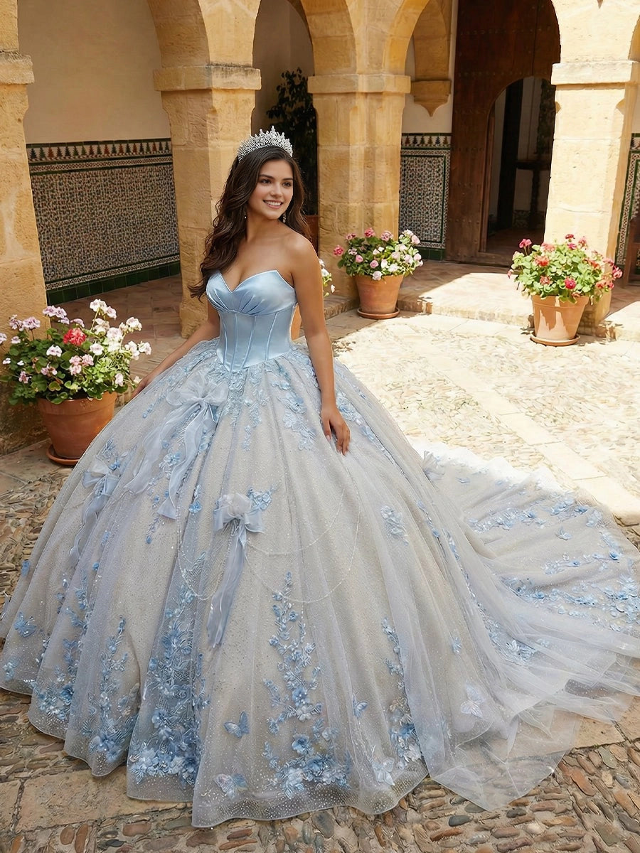 Vedress light blue quinceanera ball gown strapless satin sweetheart bodice 3D floral and butterfly appliques glitter tulle big bow front view