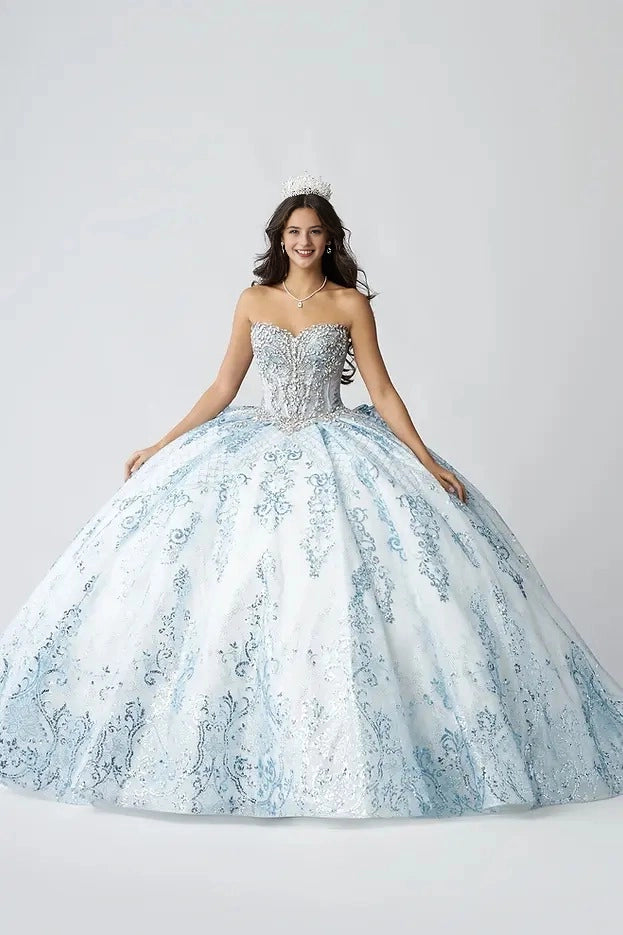 Vedress light blue white quinceanera ball gown strapless sweetheart heavy beaded bodice glitter lace voluminous ball skirt front view