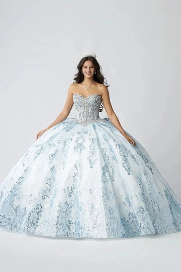 Vedress light blue white quinceanera ball gown strapless sweetheart heavy beaded bodice glitter lace voluminous ball skirt front view