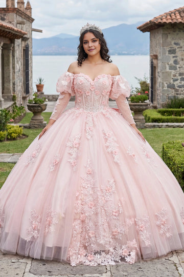 Vedress light pink off the shoulder quinceañera ball gown with puff sleeves, 3D flowers and corset bodice front view
