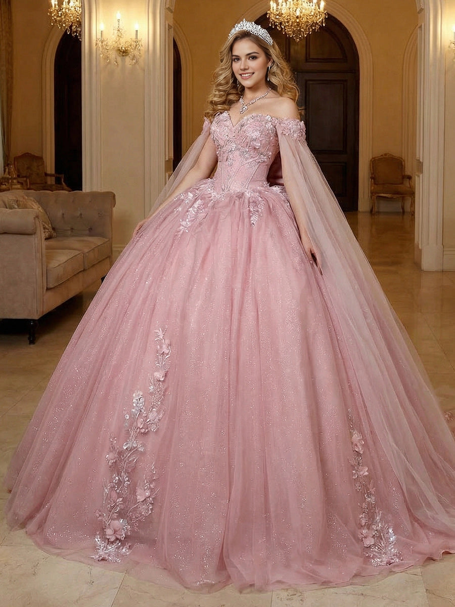 Vedress light pink quinceanera ball gown off the shoulder sweetheart bodice detachable tulle cape 3D floral appliques glitter tulle front view