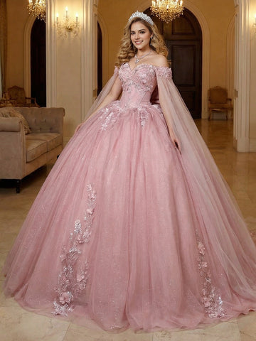 Vedress light pink quinceanera ball gown off the shoulder sweetheart bodice detachable tulle cape 3D floral appliques glitter tulle front view