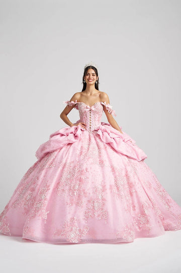 Front view Vedress light pink quinceañera dress off shoulder ball gown with rose floral lace appliques