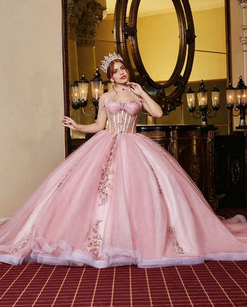 Front view Vedress light pink quinceañera dress beaded shoulder strap ball gown with floral sequin appliques
