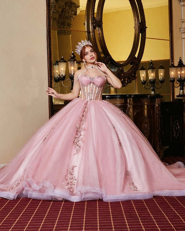 Front view Vedress light pink quinceañera dress beaded shoulder strap ball gown with floral sequin appliques