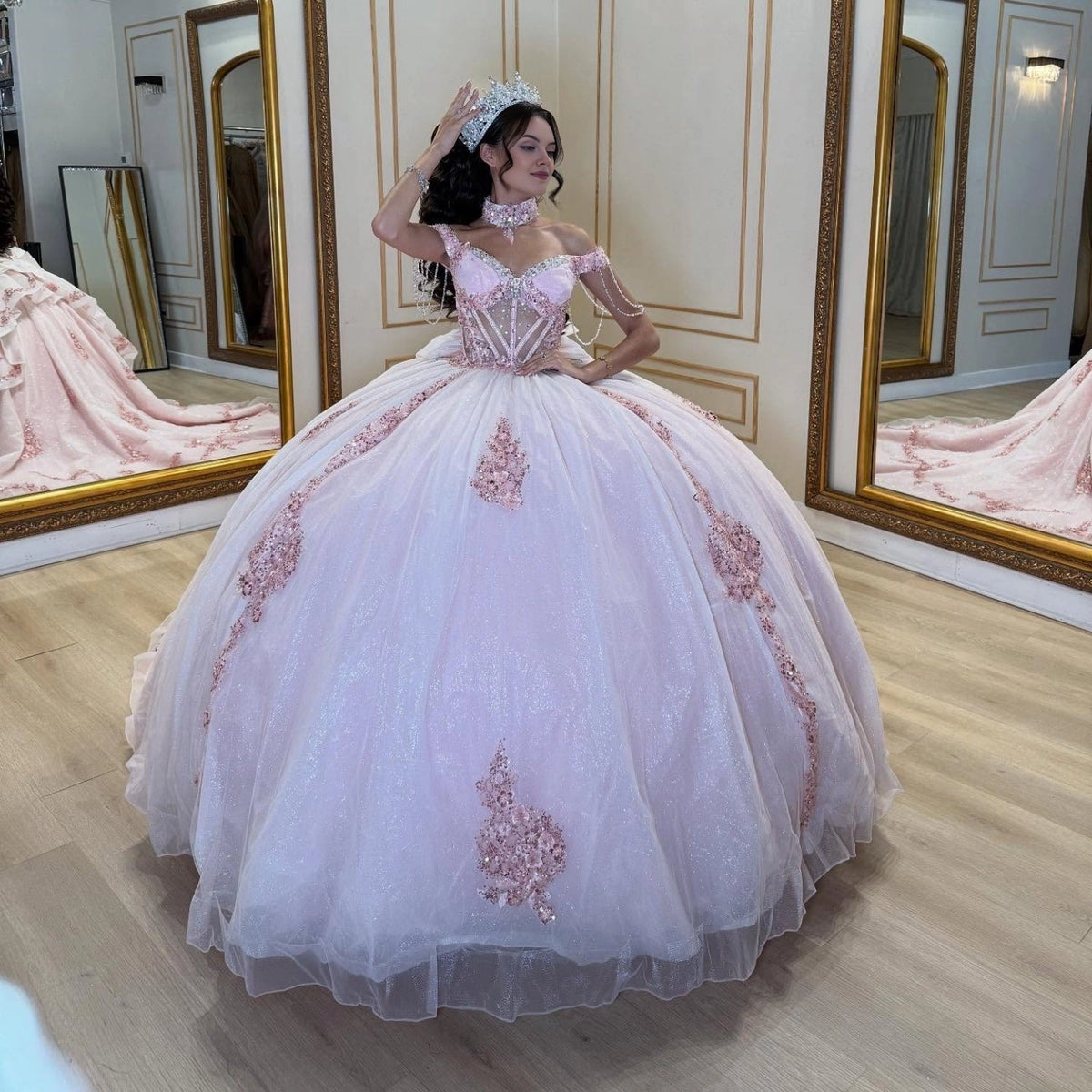 Vedress romantic light pink off‑shoulder quinceanera ball gown 3D floral appliques prom dress front view