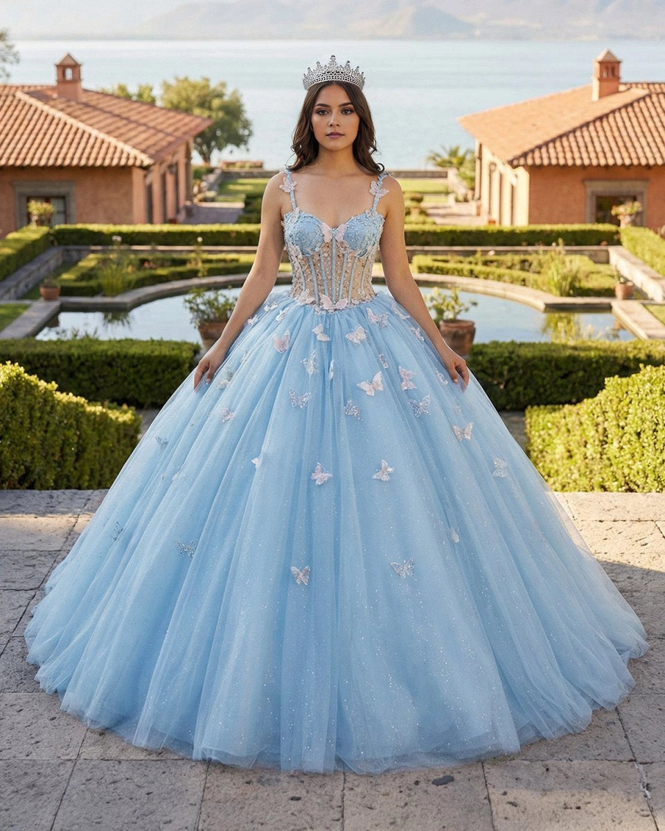 Vedress light sky blue glitter tulle quinceañera dress front view, sweetheart spaghetti strap ball gown with corset bodice and handmade 3D butterfly appliques