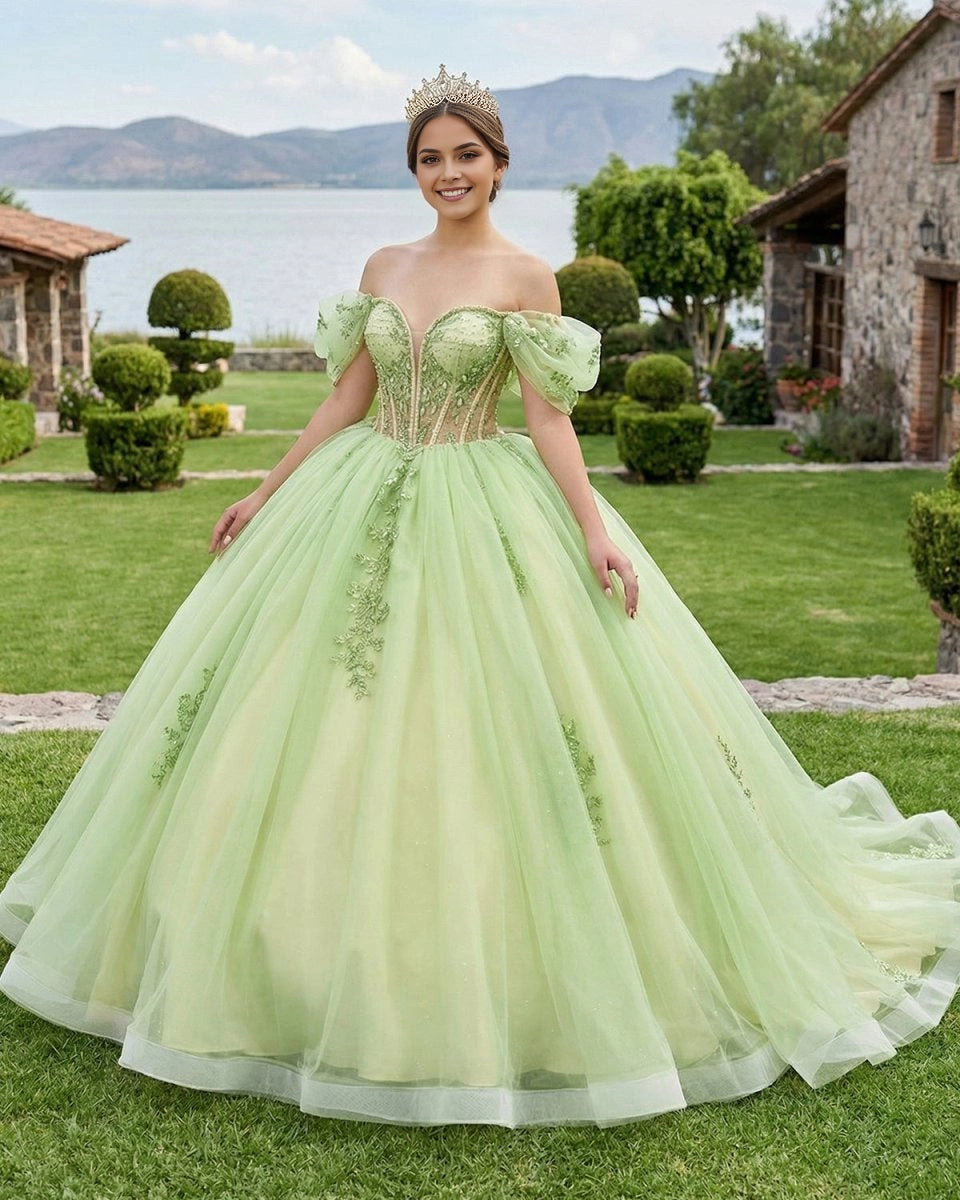 Vedress lime green tulle quinceañera dress front view, off shoulder sweetheart ball gown with puff short sleeves and green lace floral appliques