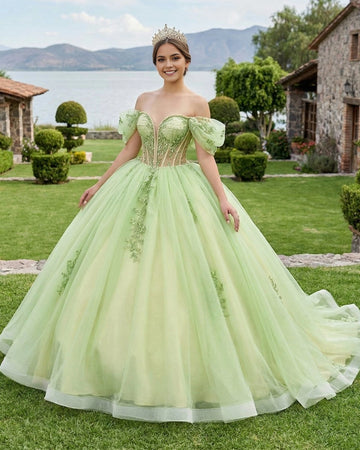 Vedress lime green tulle quinceañera dress front view, off shoulder sweetheart ball gown with puff short sleeves and green lace floral appliques