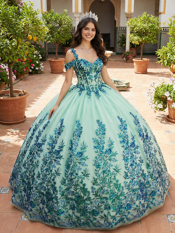 Vedress mint green off shoulder quinceanera ball gown sweetheart neckline blue green sequin lace tulle prom dress front view