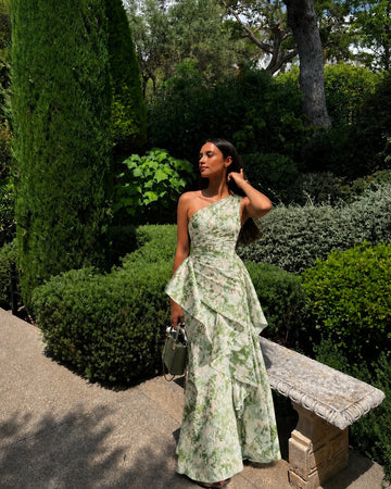 Vedress mint green pink watercolor jacquard one shoulder ruffle A-line floor length wedding guest dress front view