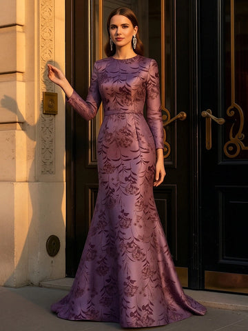 Vedress mulberry jacquard satin mermaid round neck long sleeve wedding mother gown front view
