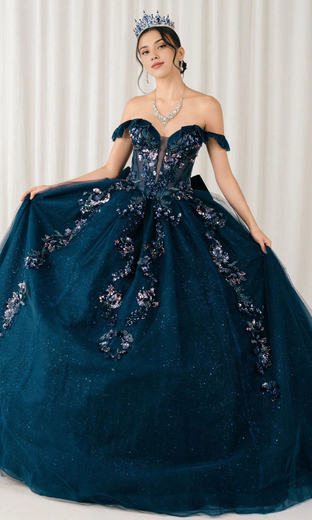 Vedress enchanting navy blue off‑shoulder quinceanera ball gown iridescent 3D floral applique prom dress front view