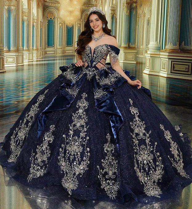 Vedress navy blue ball gown quinceañera dress off shoulder sweetheart illusion neckline silver floral embroidery satin ruffle skirt front view