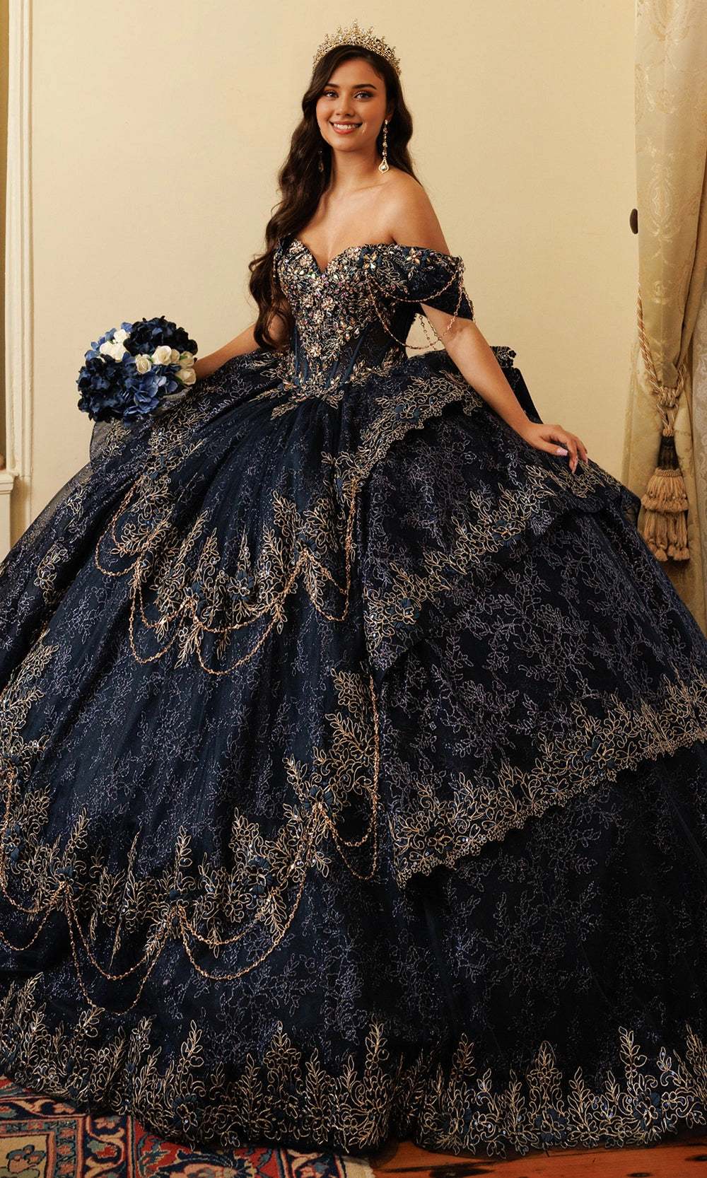 Vedress regal navy gold off‑shoulder quinceanera ball gown chain sleeve rhinestone bodice prom dress front view