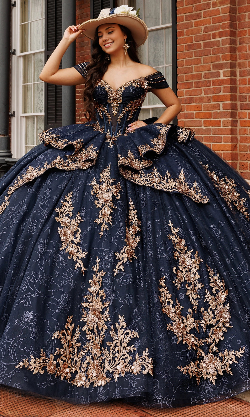 Vedress luxury navy gold off‑shoulder quinceanera ball gown gold floral appliques prom dress front view