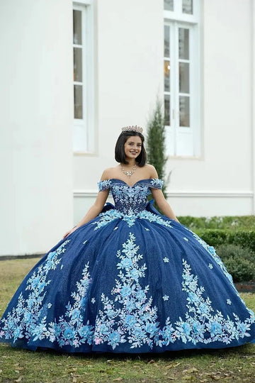 Front view Vedress navy glitter quinceañera dress off shoulder sweetheart ball gown with light blue floral appliques