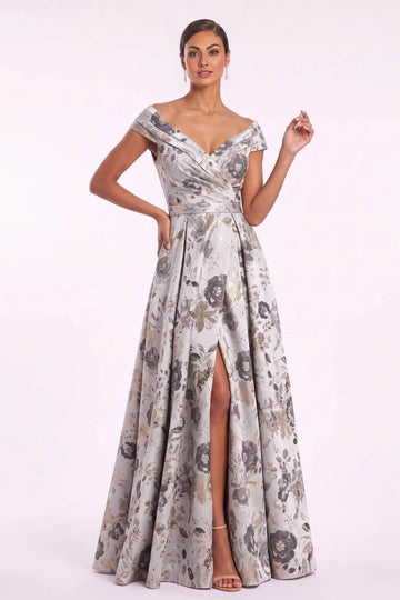 Vedress off shoulder jacquard A line wedding guest gown with front slit