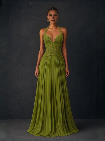 Vedress olive-green plunging halter lace wedding guest dress with pleated A-line skirt front view