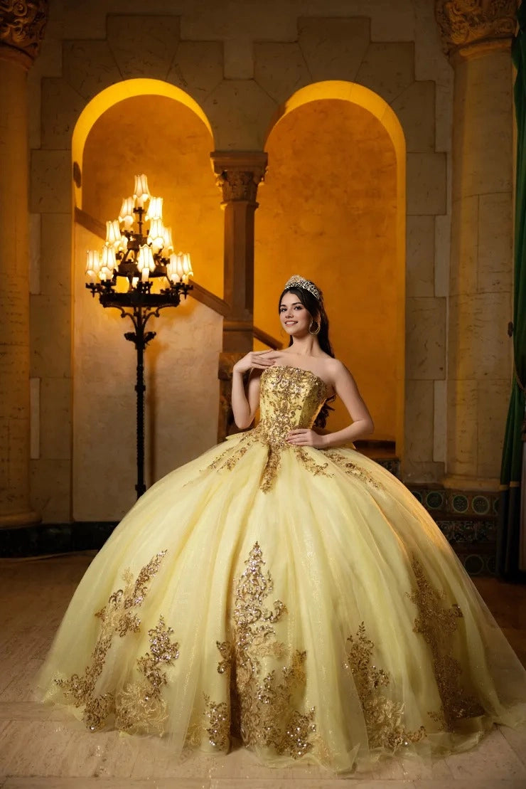 Vedress pale yellow off shoulder quinceanera ball gown sweetheart neckline puffed short sleeves gold sequin lace applique large back bow prom dress front view