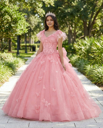 Vedress peach pink glitter tulle quinceañera dress front view, V neck ball gown with flutter ruffle sleeves and handmade 3D butterfly appliques